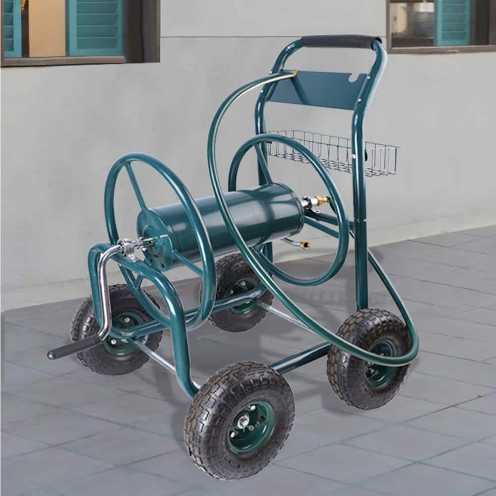 Green Heavy-Duty Steel Garden Hose Reel Cart with Storage Basket