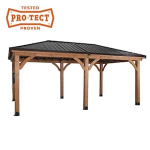 Barrington 20 ft. x 12 ft. All Cedar Wood Carport Pavilion Gazebo with Hard Top Steel Metal Hip Roof and Electric, Brown