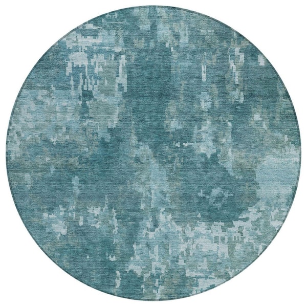 Chantille Machine Washable Indoor/Outdoor Abstract ACN2361 Teal 8 ft. x 8 ft. Round Rug