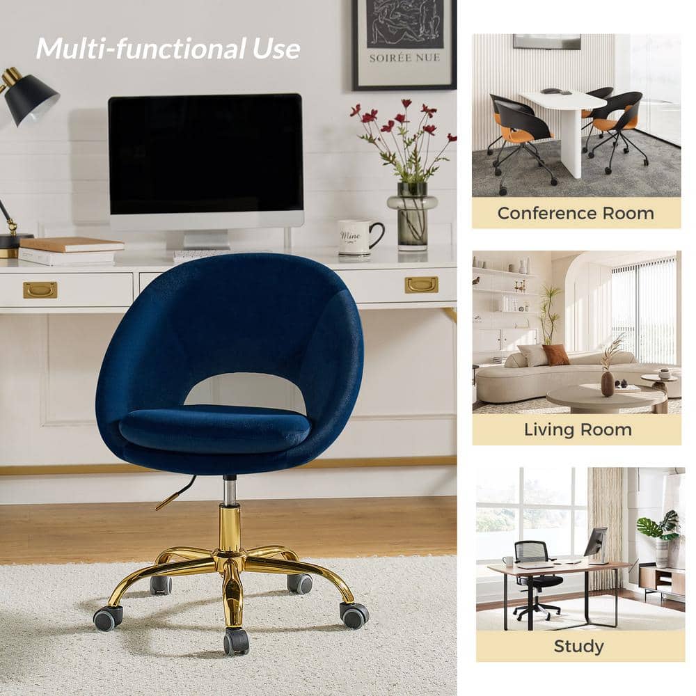 Ergonomic Navy Velvet Swivel Task Chair with Gold Metal Base