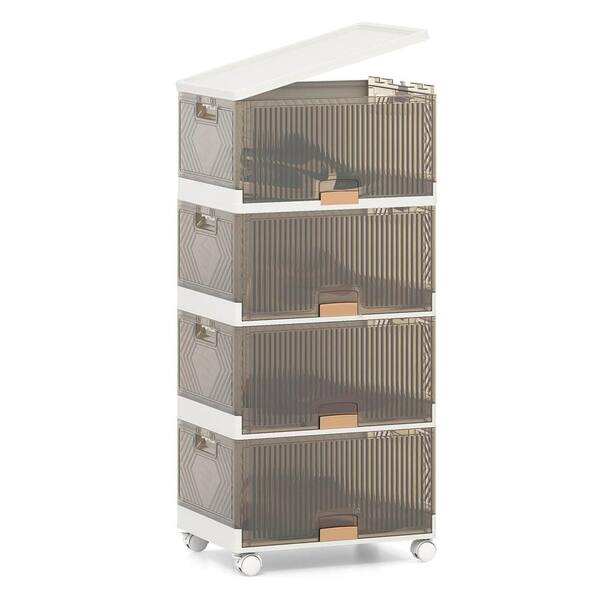 18 Gal. 4-Cube Stackable Storage Bins in White and Brown with Detachable Wheels Large Organizer