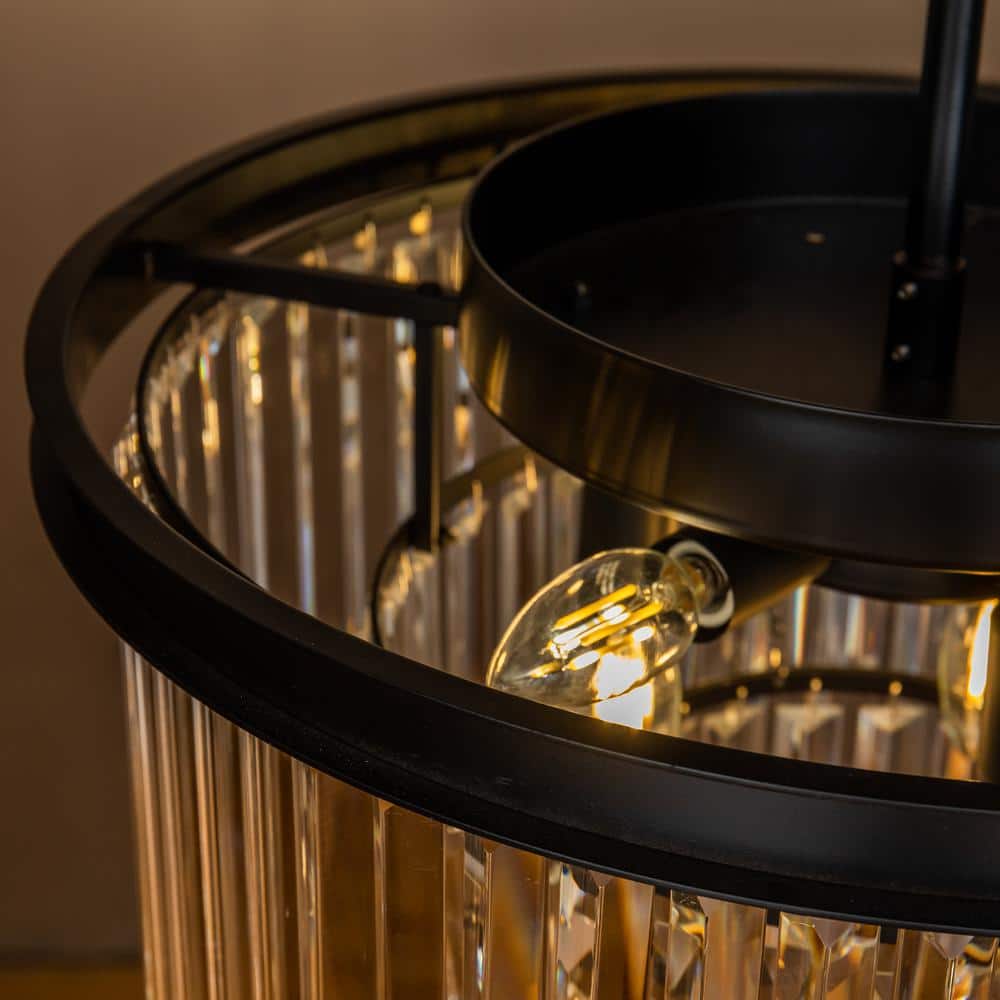 Matte Black 3-Tier Crystal Fringe Chandelier with 6 Lights