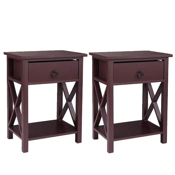 Wateday 1-Drawer Brown Nightstand 21 in. H x 12 in. W x 15.9 in. D (Set of 2)