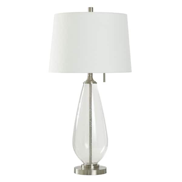 StyleCraft Christian 32 in. Clear Seeded Transitional 1-Light Standard Floor Lamp for Living Room Linen Drum Shade
