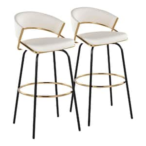 Jie 29.5 White Faux Leather, Black Metal, and Gold Metal Fixed-Height Barstool (Set of 2)