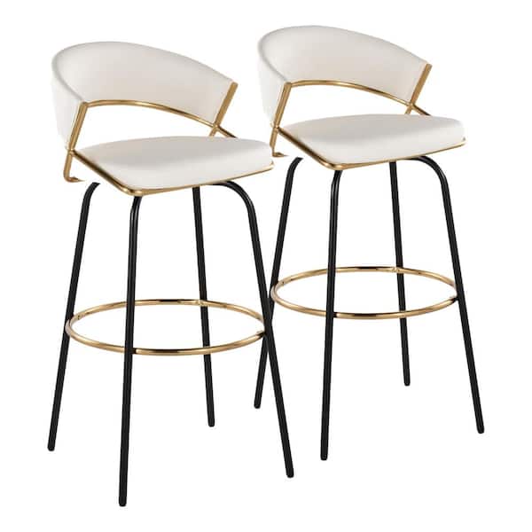 Jie 29.5 White Faux Leather, Black Metal, and Gold Metal Fixed-Height Barstool (Set of 2)