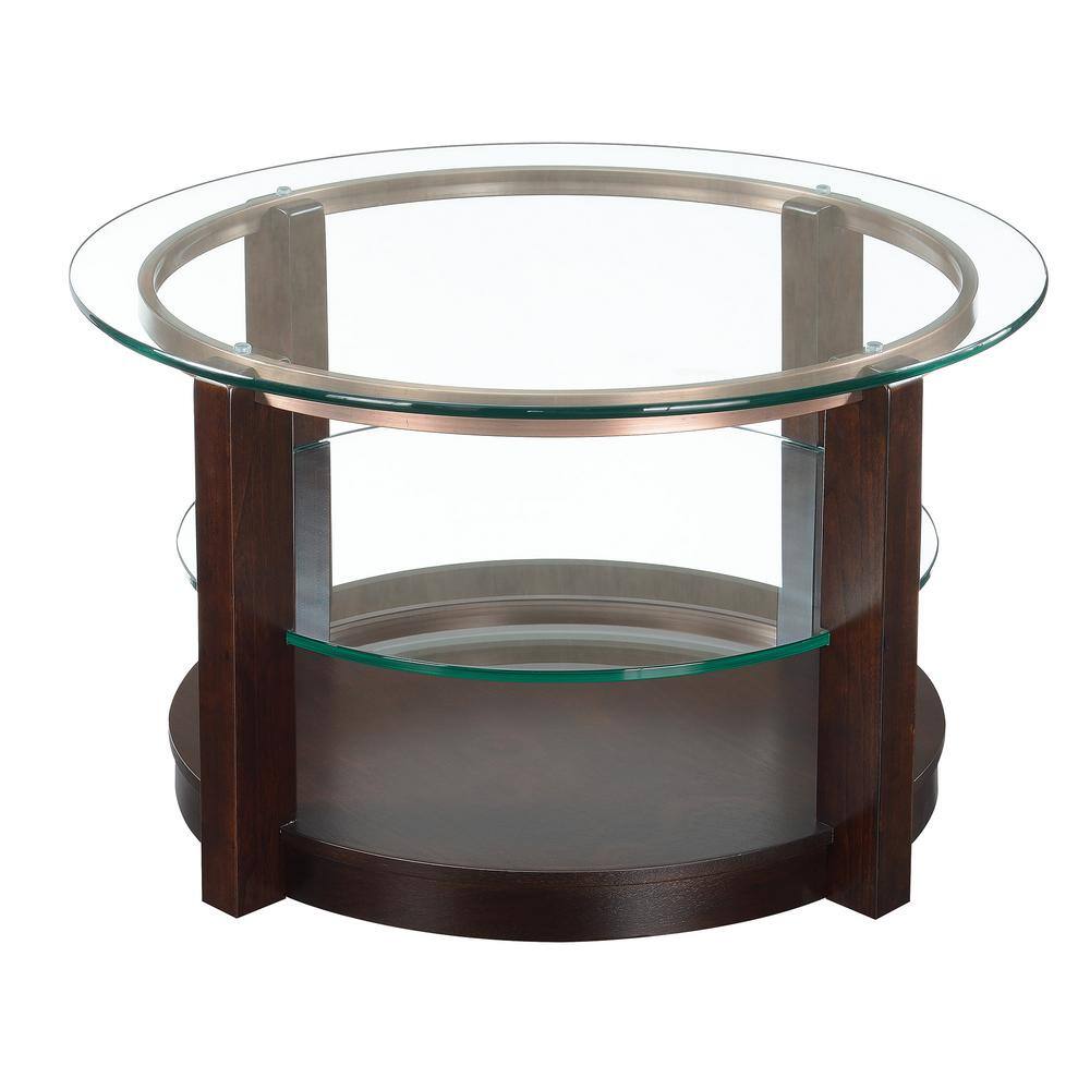 Espresso Round Wood and Glass Coffee Table with Interior Shelf
