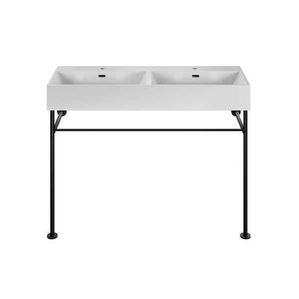 Swiss Madison Claire 48 in. Double Basin White Ceramic Console Sink with Matte Black Legs