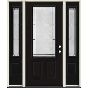 36 in. x 80 in. Left-Hand/Inswing 3/4 Lite Wendover Decorative Glass Black Steel Prehung Front Door w/Sidelites