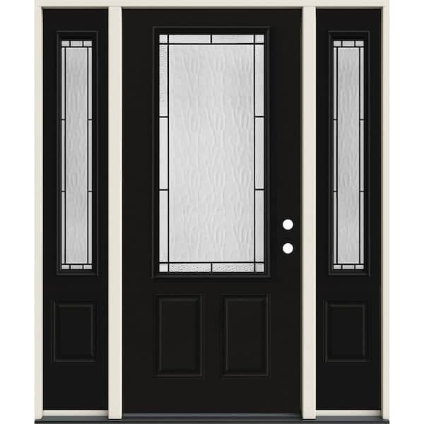JELD-WEN 36 in. x 80 in. Left-Hand/Inswing 3/4 Lite Wendover Decorative Glass Black Steel Prehung Front Door w/Sidelites