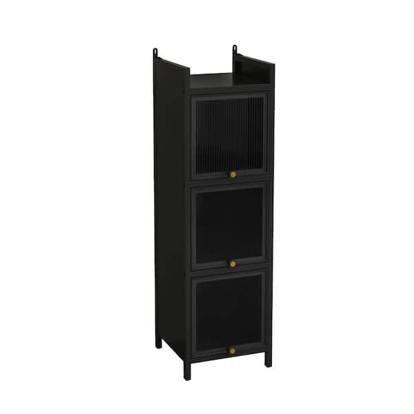 Unbranded 13.78 in. W x 14.17 in. D x 47.24 in. H Matte Black 3-Tier Glass Door Linen Cabinet with Featuring 4-Tier Storage