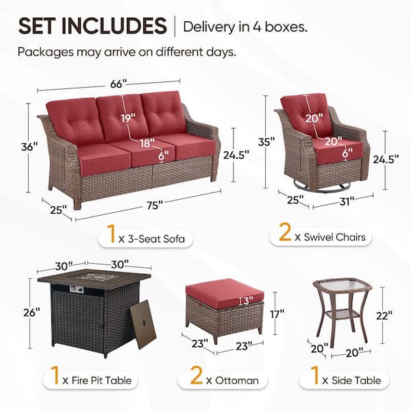 Modern Farmhouse 7-Piece Square Brown Wicker Fire Pit Conversation Set with Red Cushions and Patio Swivel Chairs