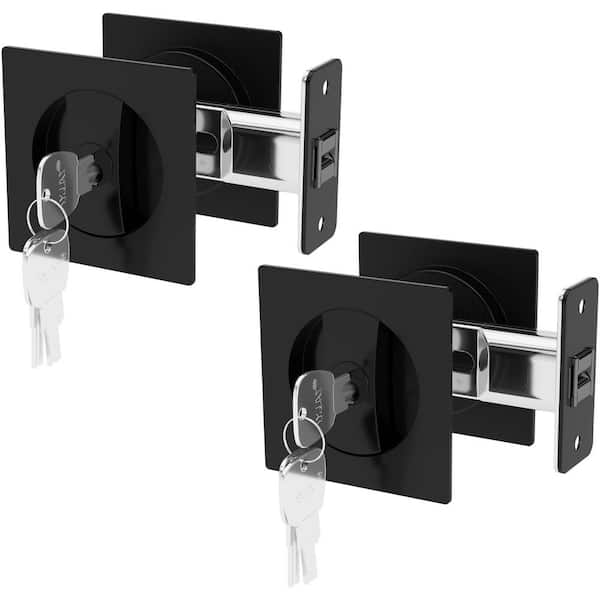 Square Zinc Alloy Black Bed/Bath Pocket Door Lock w/ Key Privacy Pocket Door Hardware Sliding Pocket Door Latch (2-Pack)