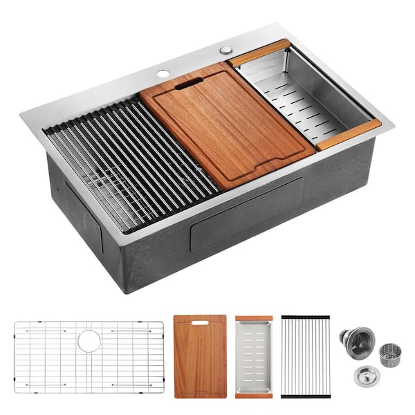 16-Gauge Brushed Nickel Stainless Steel 33 in. Drop-in Bar Sink with Workstation