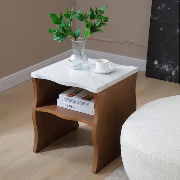 17.72 in. Walnut Brown Waves Modern Top Fiberboard End Table with Storage Shelf