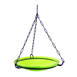 14 in. Dia Fern Green Reflective Crackle Glass Hanging Birdbath Bowl