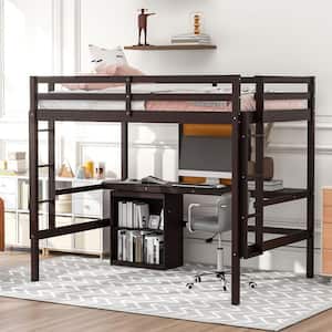 Espresso Full Size Wood Loft Bed with Built-in Desk, Writing Board, 2 Drawers Cabinet, and 2 Ladders