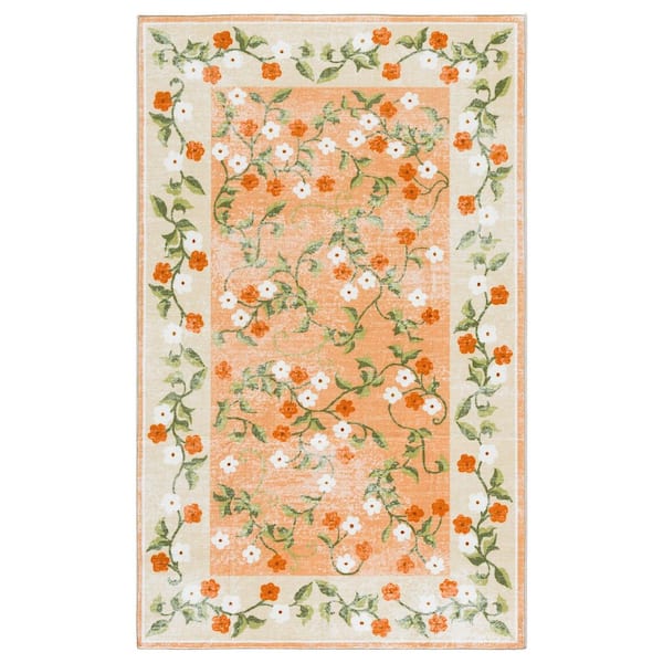 SAFAVIEH Martha Stewart Washable Rust/Gold 4 ft. x 6 ft. Machine Washable Floral Border Abstract Area Rug