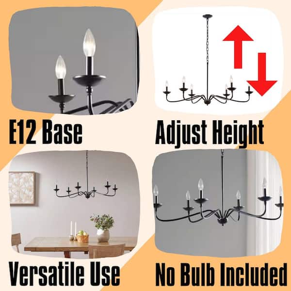 Vintage 6-Light Black Chandelier, Farmhouse Metal, Circular Design, for Dining Room, Kitchen