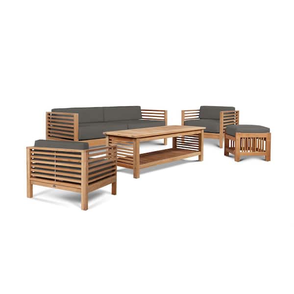 Unbranded Sylvie 5-Piece Teak Patio Conversation Deep Seating Set with Subrella Charcoal Cushions