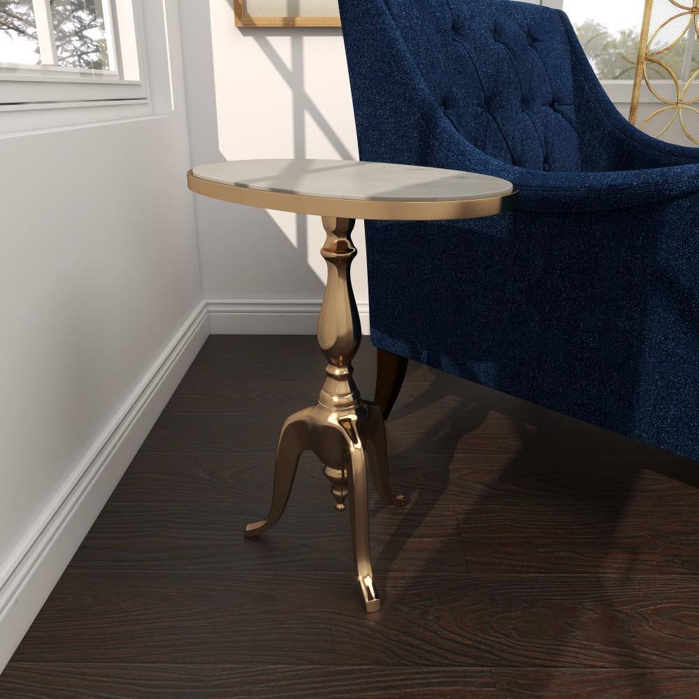 Elegant Round Gray Stone Top End Table with Gold Metal Base