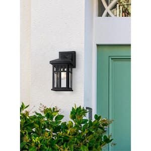 Burnham 1-Light Textured Black Outdoor Wall Mount Lantern with Clear Seeded Glass