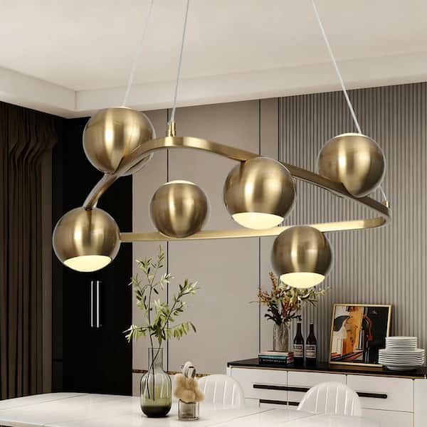 Zevni Macue 6-Lights Mid-Century Modern Brass Gold Pendant Light, Dimmable Integrated LED Chandelier Lighting for Dining Room