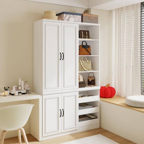 White Wood 47.2 in. Armoire Wardrobe with 4 Cabinet Doors, Open Pull-Out Drawers and Adjustable Shelves for Storage
