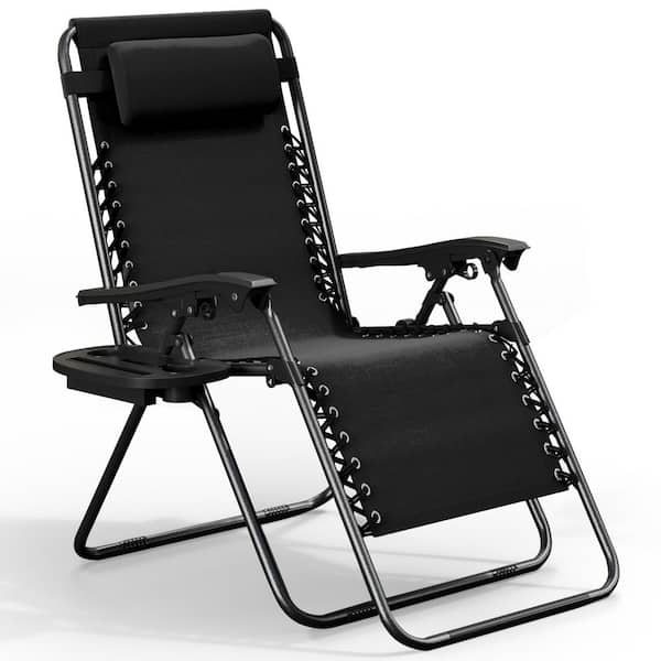 Black Zero Gravity Chairs, Metal Outdoor Lawn Chair with Pillow & Cup Holder Tray
