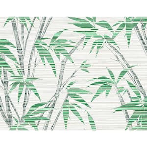 60.75 sq. ft. Kelly Green and Metallic Ivory Bamboo Tropics Paper Unpasted Wallpaper Roll
