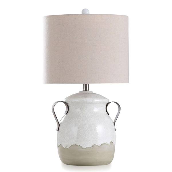 StyleCraft 24 in. Cream, Egg Shell Ceramic, Fabric, Metal Table Lamp with Cream Linen Shade