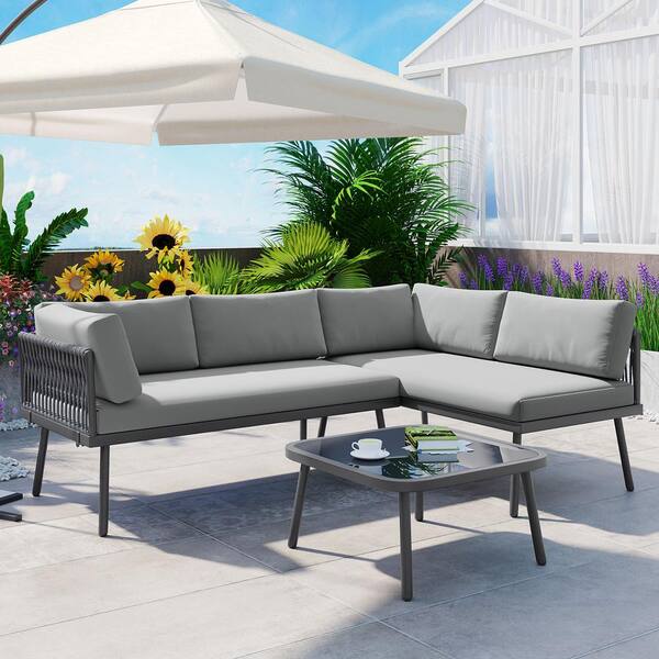 Unbranded 3-Pieces Metal Outdoor Patio Furniture Sofa Sectional Set All Weather with Gray Cushion and Glass Table for Backyard