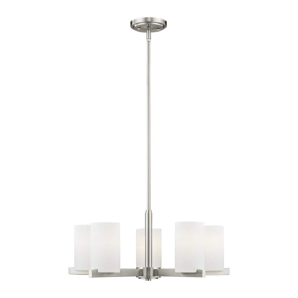 Astoria Minimalist 5-Light Chandelier in Brushed Nickel with Satin Opal Shades