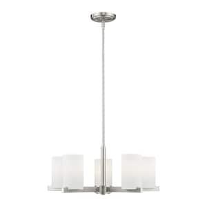 Delray 25 in. 5-Light Brushed Nickel Industrial Chandelier with Satin Opal White Glass and No Bulbs Included