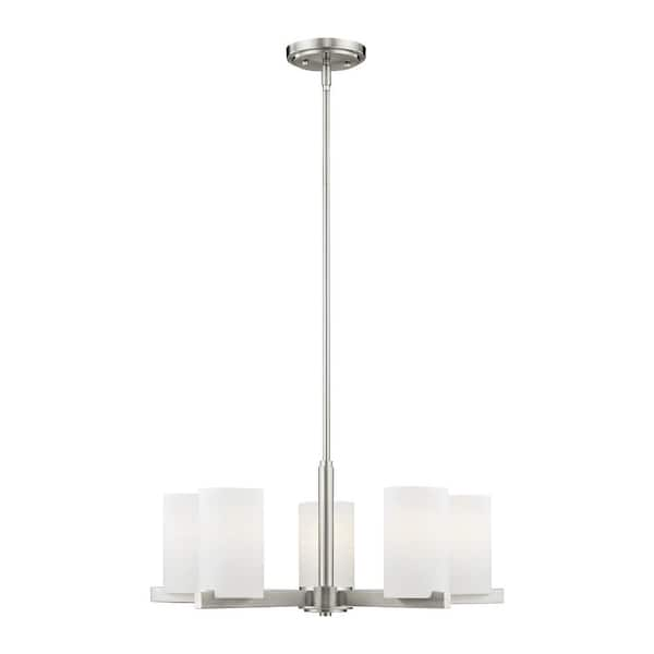 Livex Lighting Delray 25 in. 5-Light Brushed Nickel Industrial Chandelier with Satin Opal White Glass and No Bulbs Included