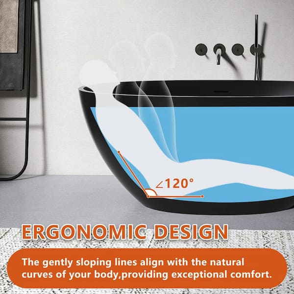 Moray 55 in. x 31 in. Solid Surface Stone Resin Flatbottom Freestanding Bathtub Soaking Bathtub in Matte Black