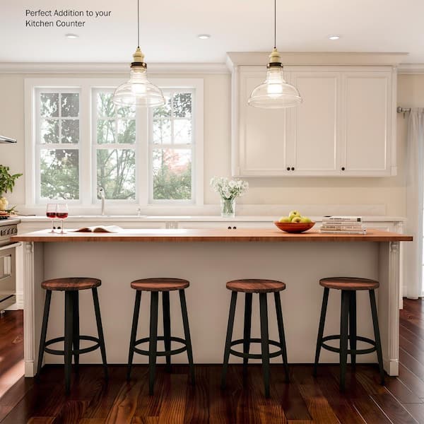 24 in. Vintage Backless Metal Counter Stools with Wooden Seat (Set of 2)