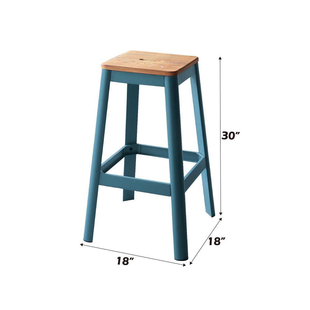 Natural Pine and Teal Metal Backless Bar Stool