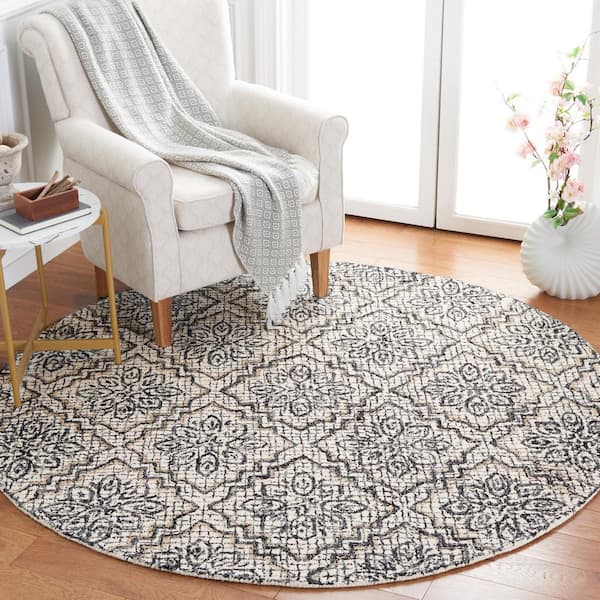 Abstract Ivory/Navy 6 ft. x 6 ft.y Diamond Floral Round Area Rug