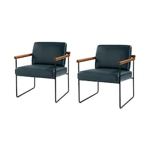 Juan Turquoise Modern Leather Arm Chair with Metal Base and Solid Wood Arm and Back Set of 2