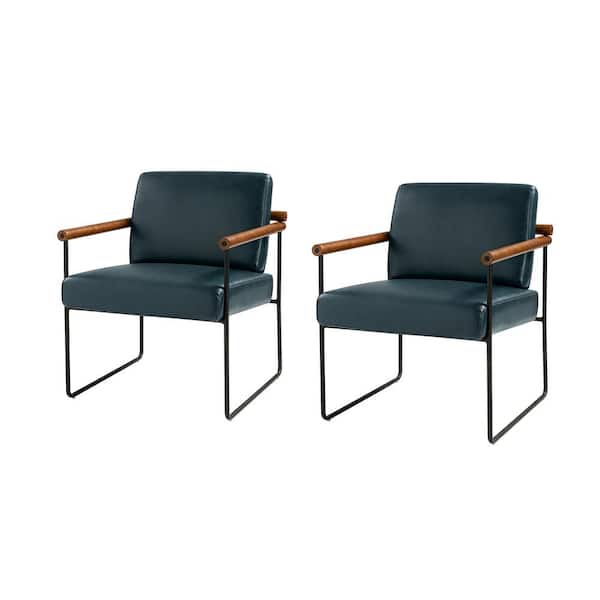 JAYDEN CREATION Juan Turquoise Modern Leather Arm Chair with Metal Base and Solid Wood Arm and Back Set of 2