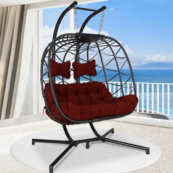 NICESOUL Large Dark Gray Ratten Double Seat Patio Swing Egg Chair with Black Stand Cushions