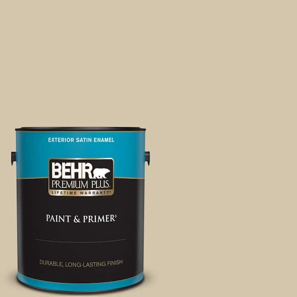 BEHR PREMIUM PLUS 1 gal. #YL-W11 Khaki Shade Satin Enamel Exterior Paint & Primer