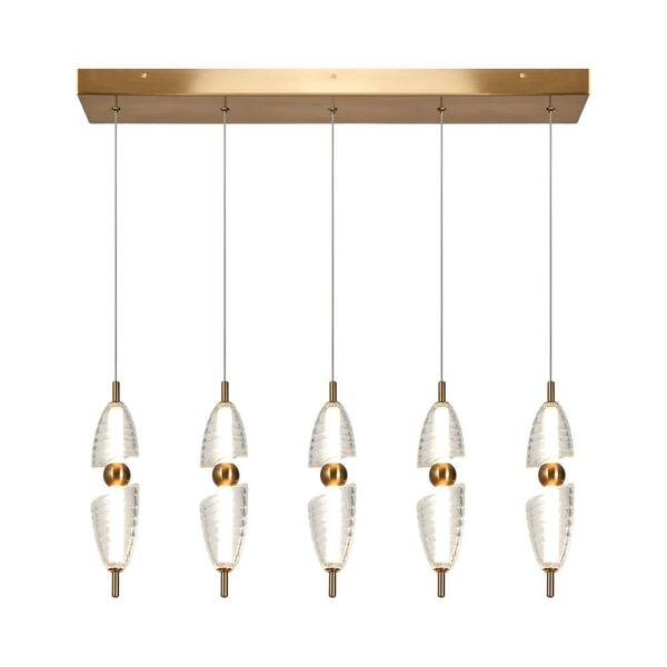 LNC Penstemon 5-Light Dimmable Integrated LED Plating Brass Linear Chandelier with Resin Decorations