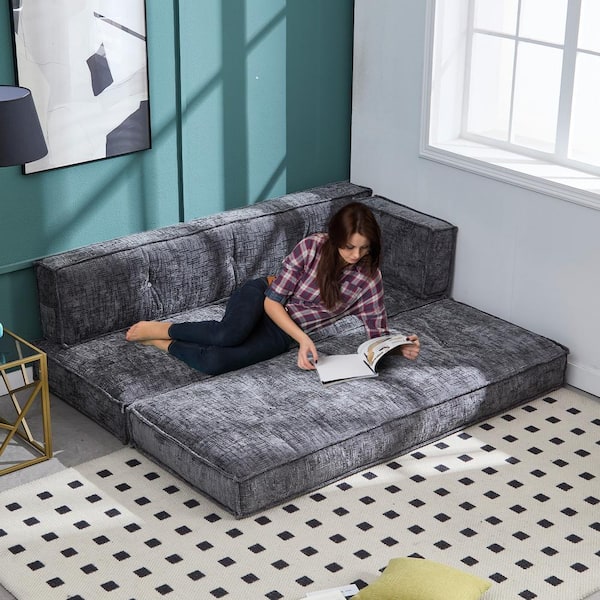 78 in. Modern Upholstered Square Arm Chenille Pull Out Rectangle Sofa Convertible Sofa Bed with Side Pockets in Gray
