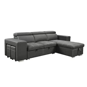 105 in. Reversible Microfiber Sectional Sofa in Charcoal Grey with Pull-out Bed, Storage Chaise and 2 Stools