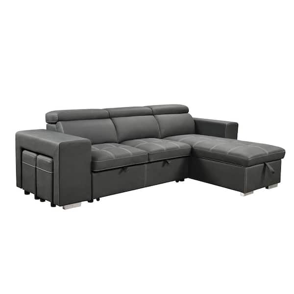 sumyeg 105 in. Reversible Microfiber Sectional Sofa in Charcoal Grey with Pull-out Bed, Storage Chaise and 2 Stools