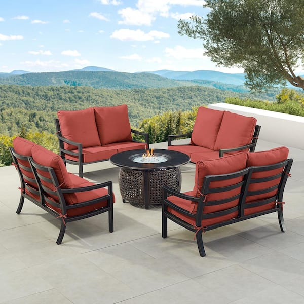 Oakland Living Black 7-Piece Aluminum Patio Fire Pit with 4-Deep Seating Loveseat Red Cushions