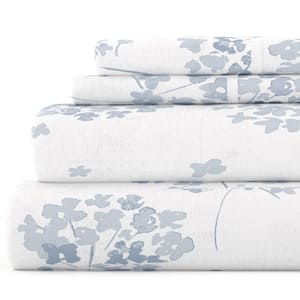 Premium 4 Piece Light Blue Rose Bunch Flannel Full Sheet Set
