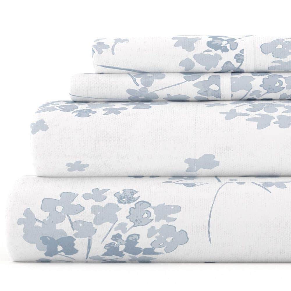 Light Blue Floral Cotton Flannel Twin Sheet Set with Deep Pockets